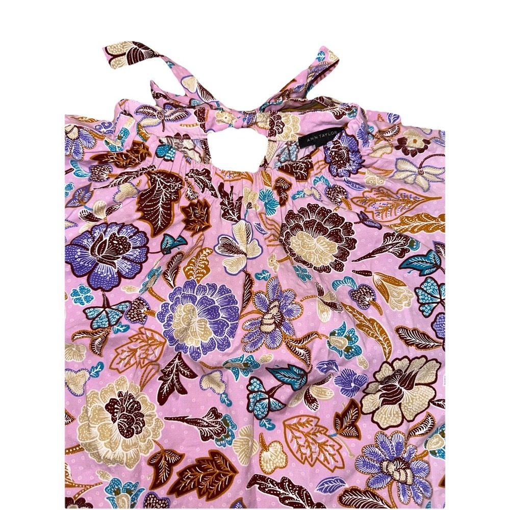 New Ann Taylor Pink Floral Paisley Short‎ Puff Sleeve Top Tie Back Women's M